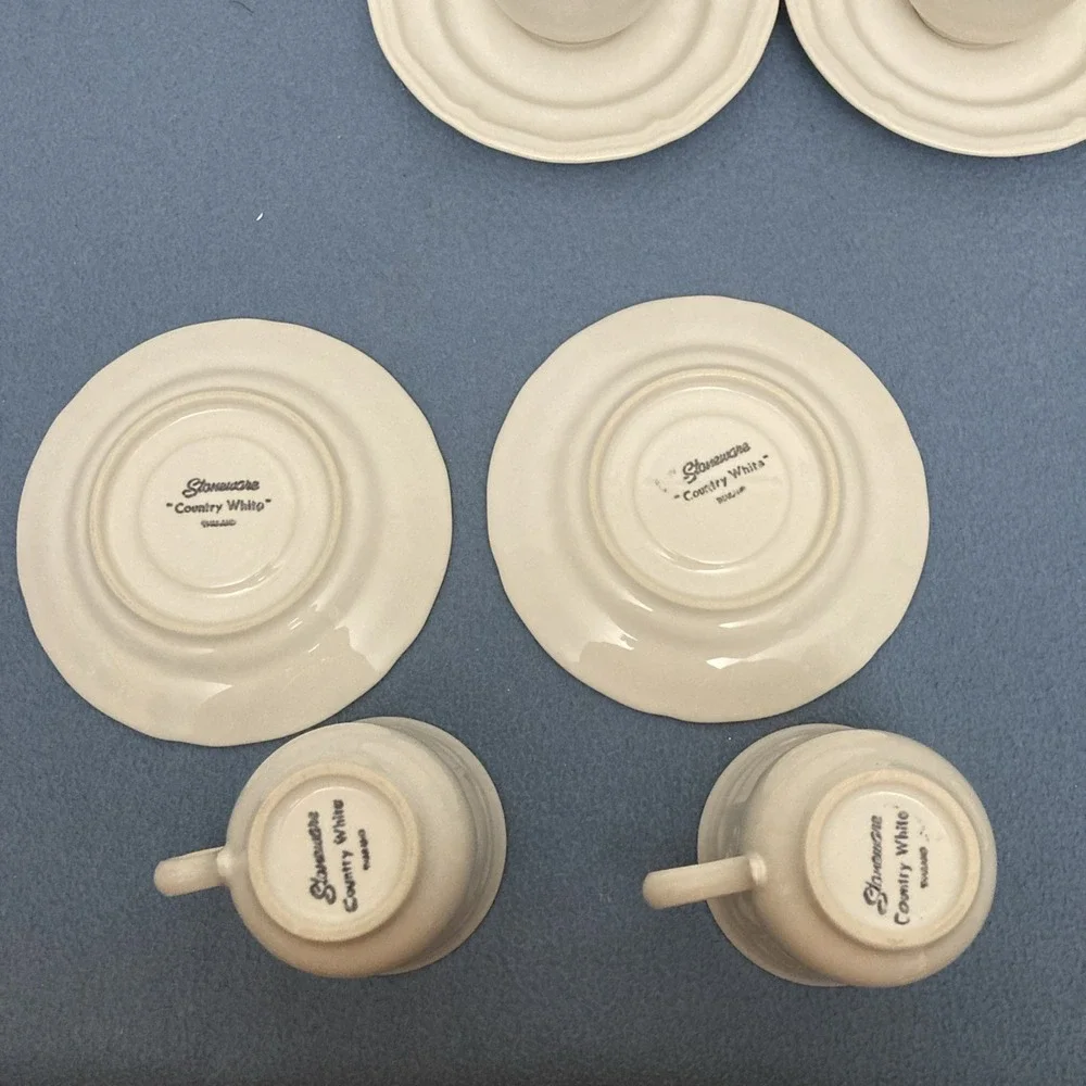 Stoneware Country White French Country Design Coffee Cup with Saucer - Set of‎ 7